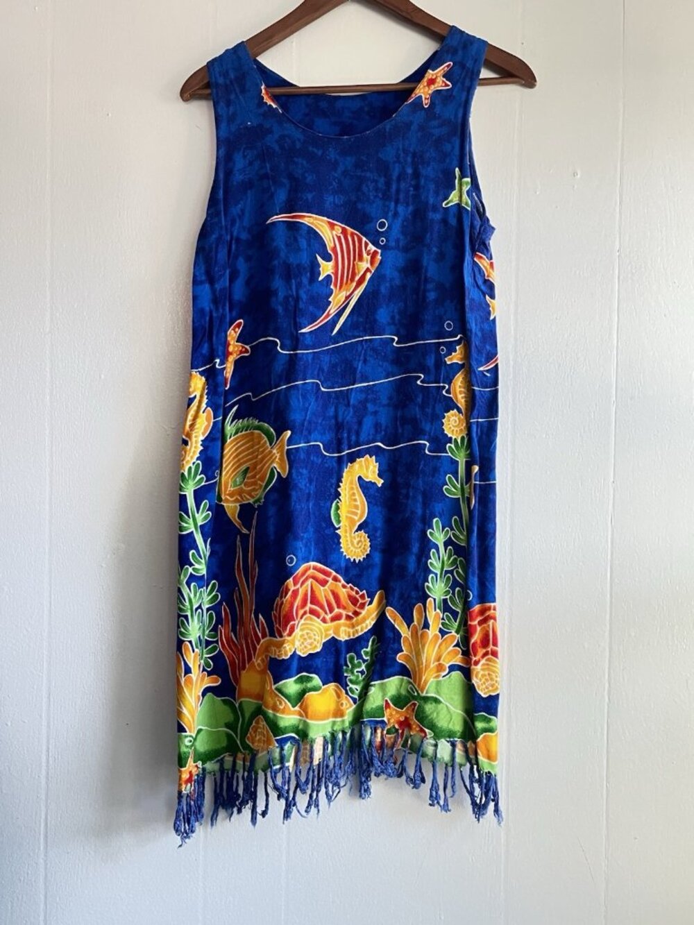 Koko Knot Dress Beach Swim Cover Blue Sea Life Rayon Fringe Island Tropical L